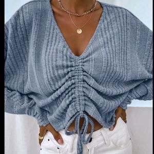 V neck Batwing Sleeve Drawstring Top - Dusty Blue